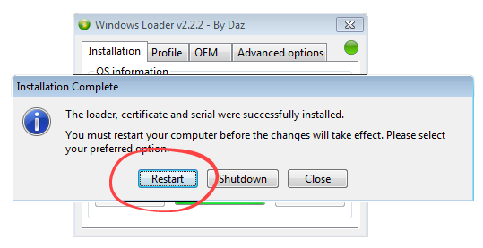 Перезагрузка Windows 7 после завершения активации