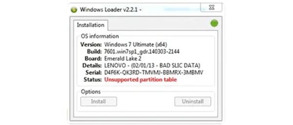 Ошибка "Unsupported partition table" при попытке активировать Windows 7